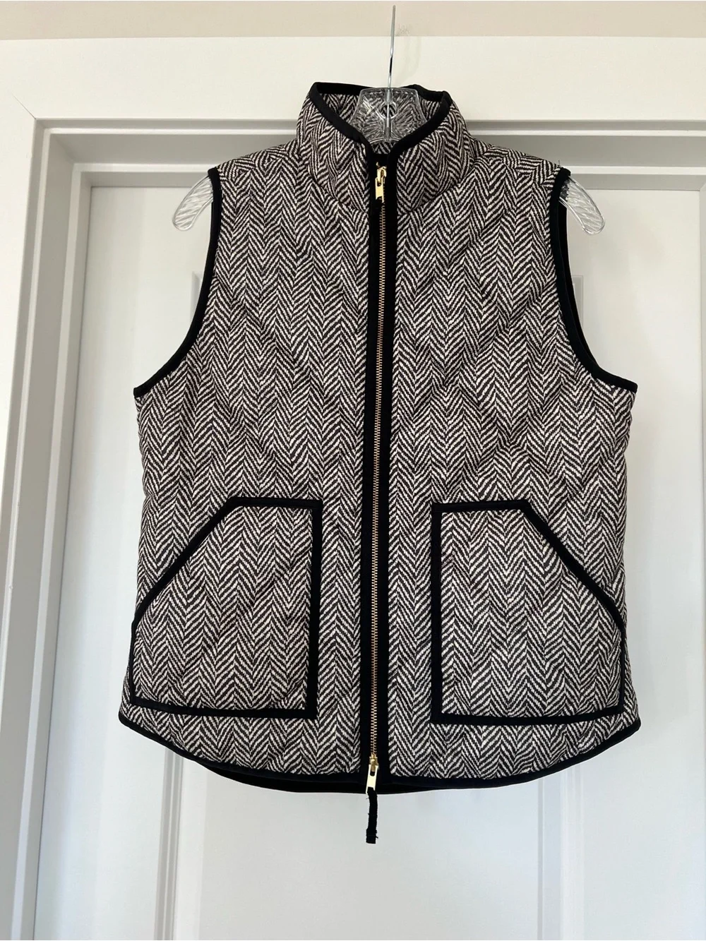 J. Crew Black & White Herringbone Quilted Vest with Contrast Trim